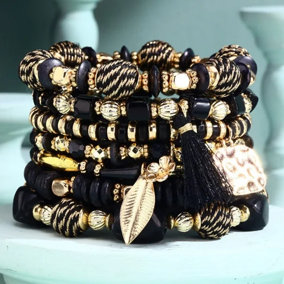 Formal Black & Gold Multi Textured Layered Beaded Bracelet Set w Golden Charms - Picture 2 of 3